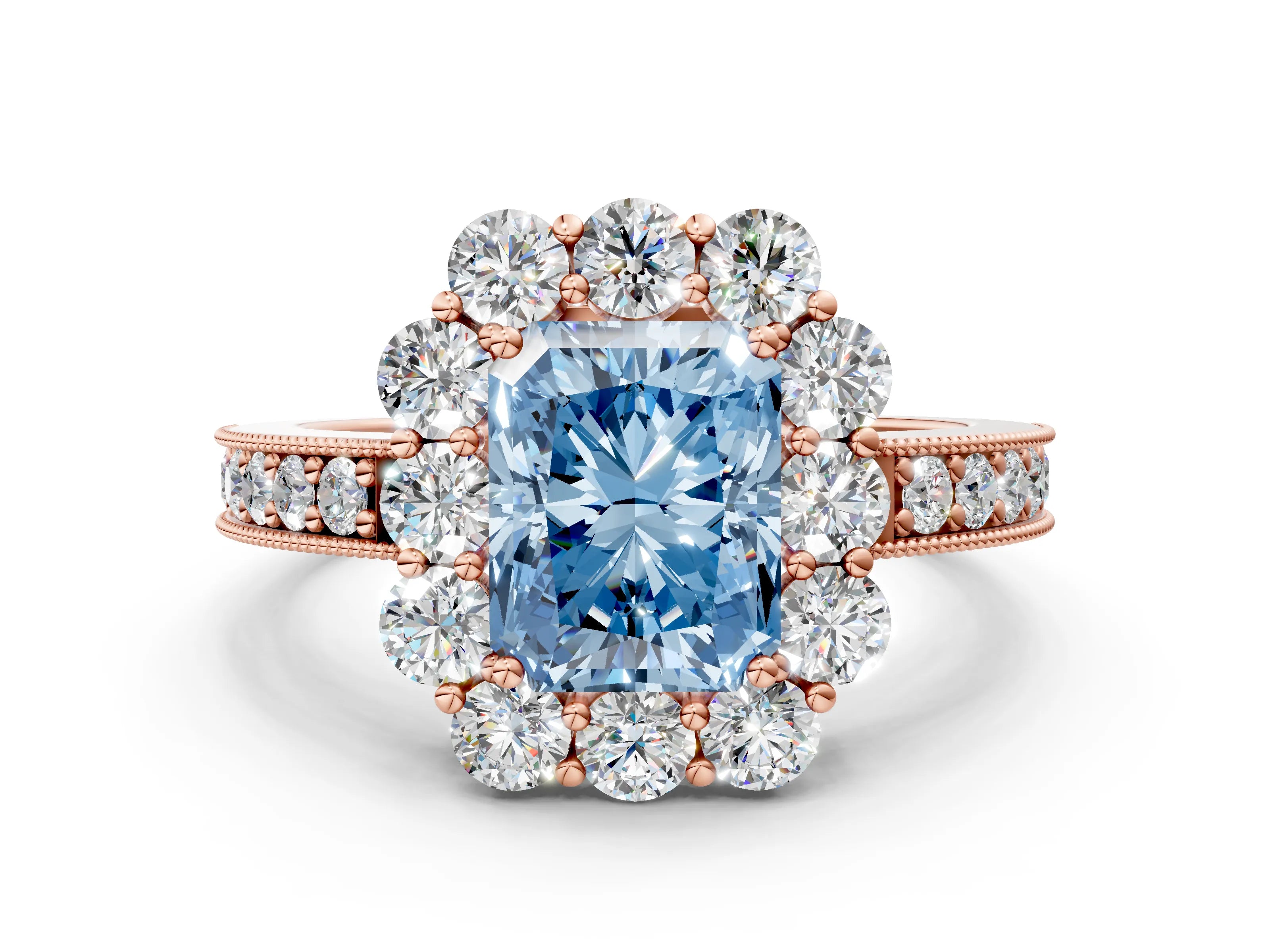 Rose gold Fancy Blue Radiant Cut Cut Halo Diamond Pavé Engagement Ring with Milgrain Detailing