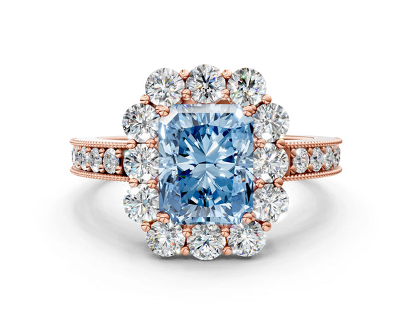 Rose gold Fancy Blue Radiant Cut Cut Halo Diamond Pavé Engagement Ring with Milgrain Detailing