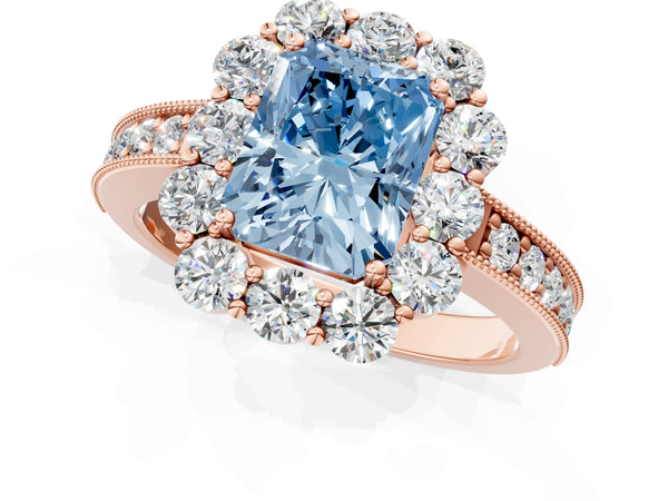 Rose gold Fancy Blue Radiant Cut Cut Halo Diamond Pavé Engagement Ring with Milgrain Detailing