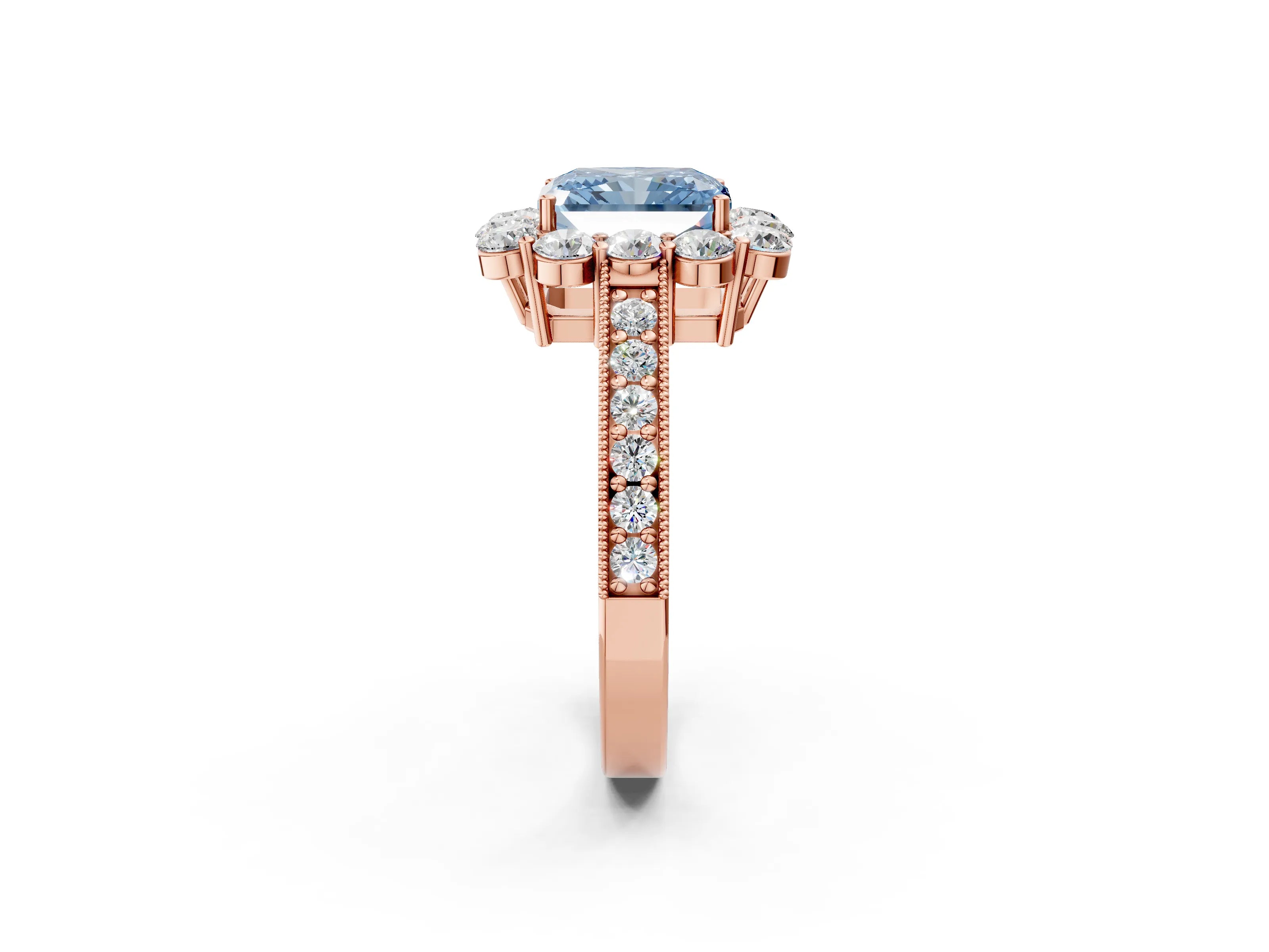 Rose gold Fancy Blue Radiant Cut Cut Halo Diamond Pavé Engagement Ring with Milgrain Detailing_2