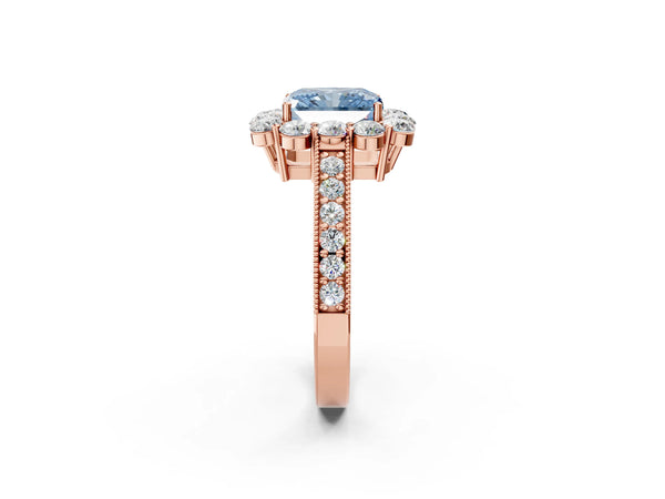 Rose gold Fancy Blue Radiant Cut Cut Halo Diamond Pavé Engagement Ring with Milgrain Detailing