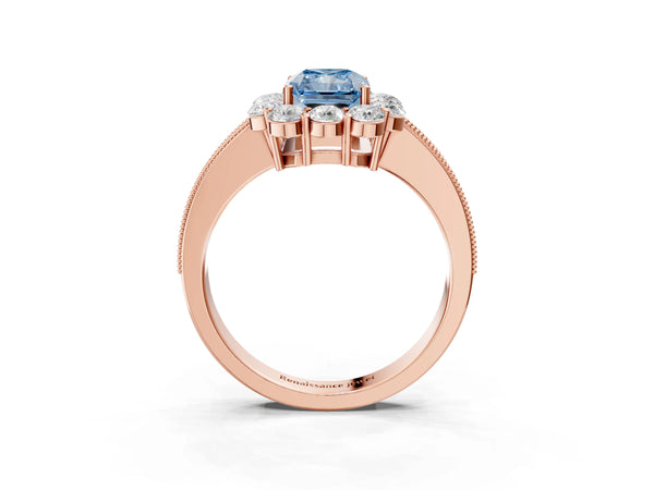 Rose gold Fancy Blue Radiant Cut Cut Halo Diamond Pavé Engagement Ring with Milgrain Detailing