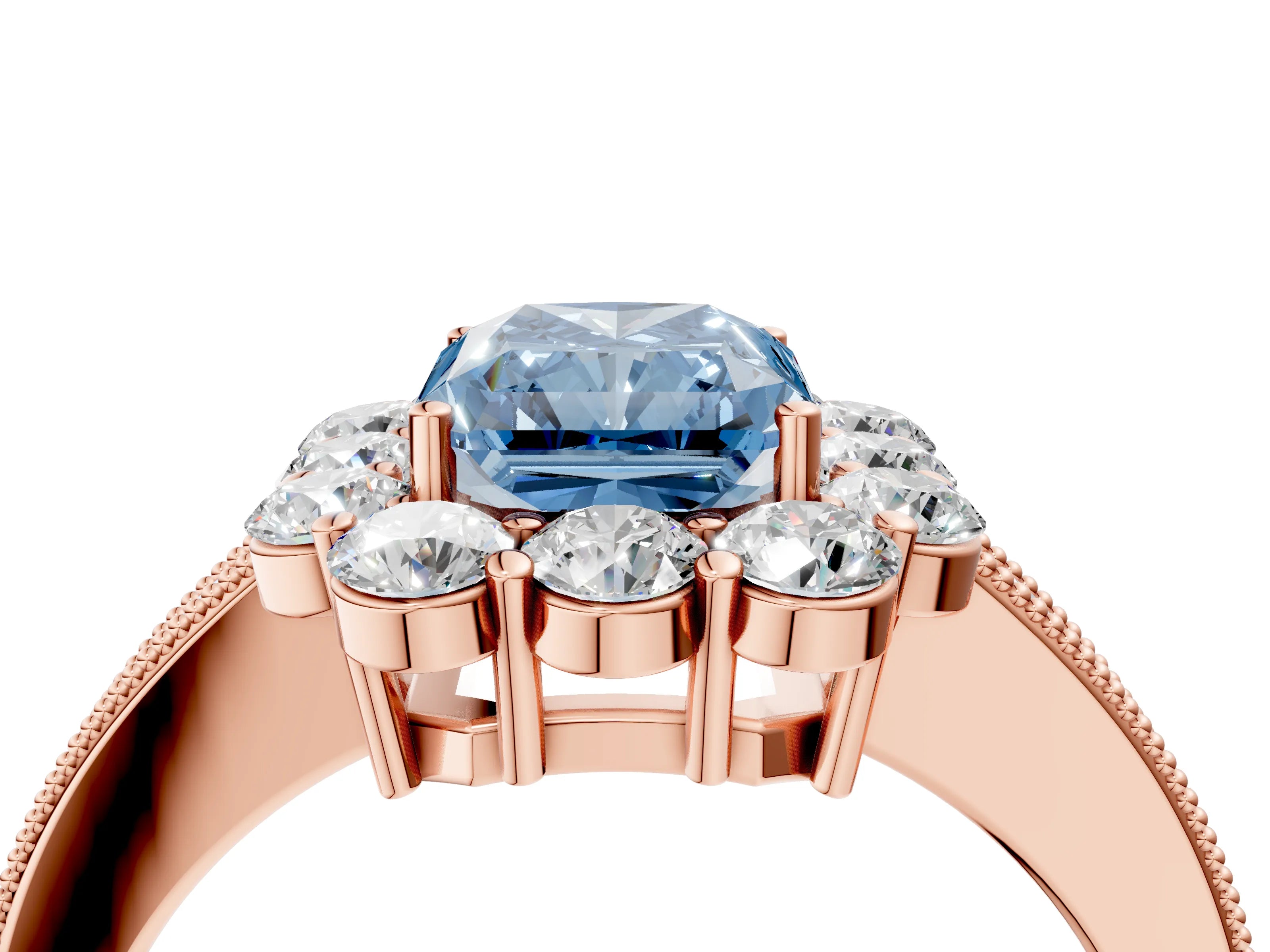 Rose gold Fancy Blue Radiant Cut Cut Halo Diamond Pavé Engagement Ring with Milgrain Detailing_4