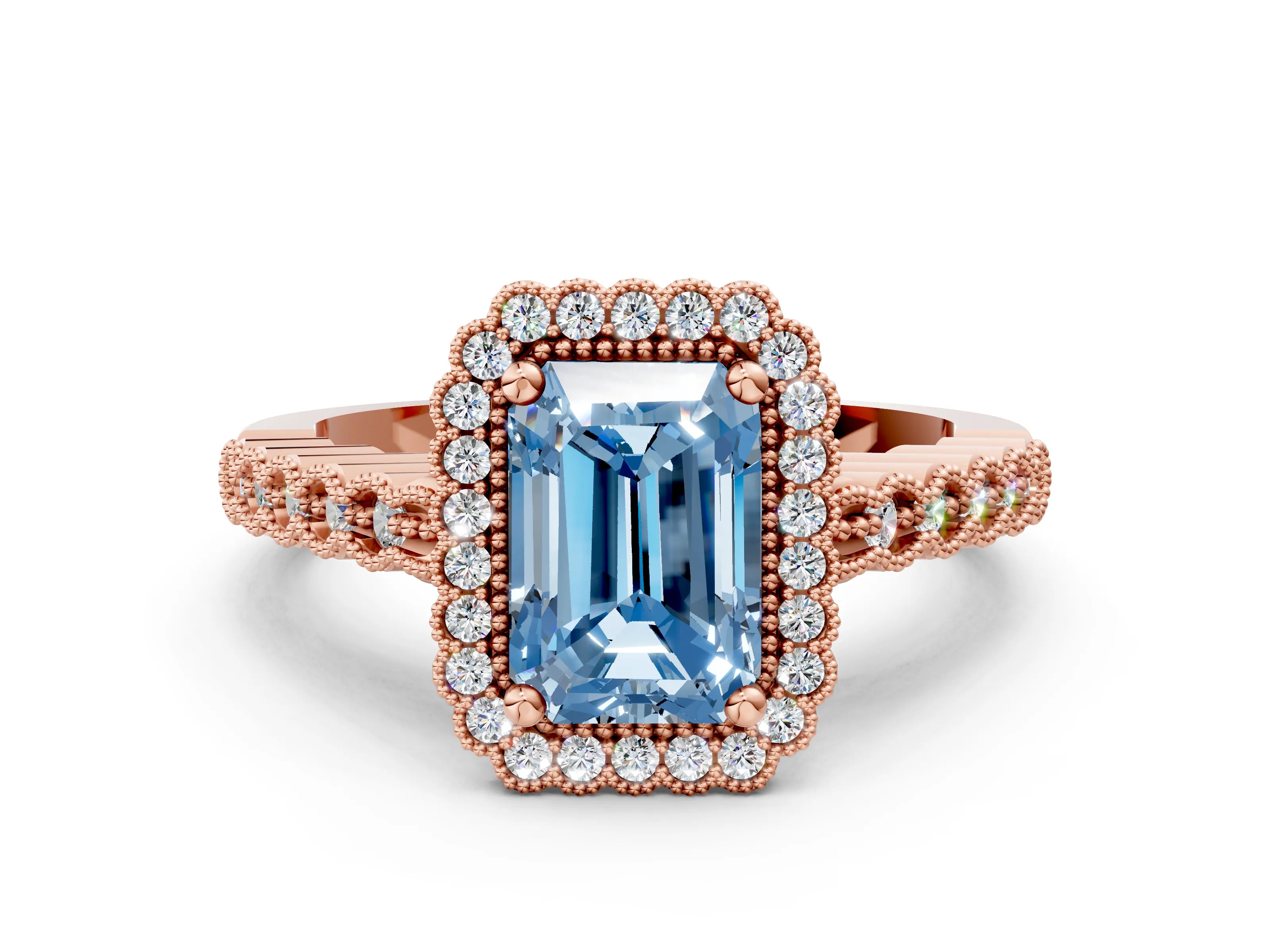 Rose gold Fancy Blue Radiant Cut Cut Halo Pavé Solitaire Ring with Milgrain Band