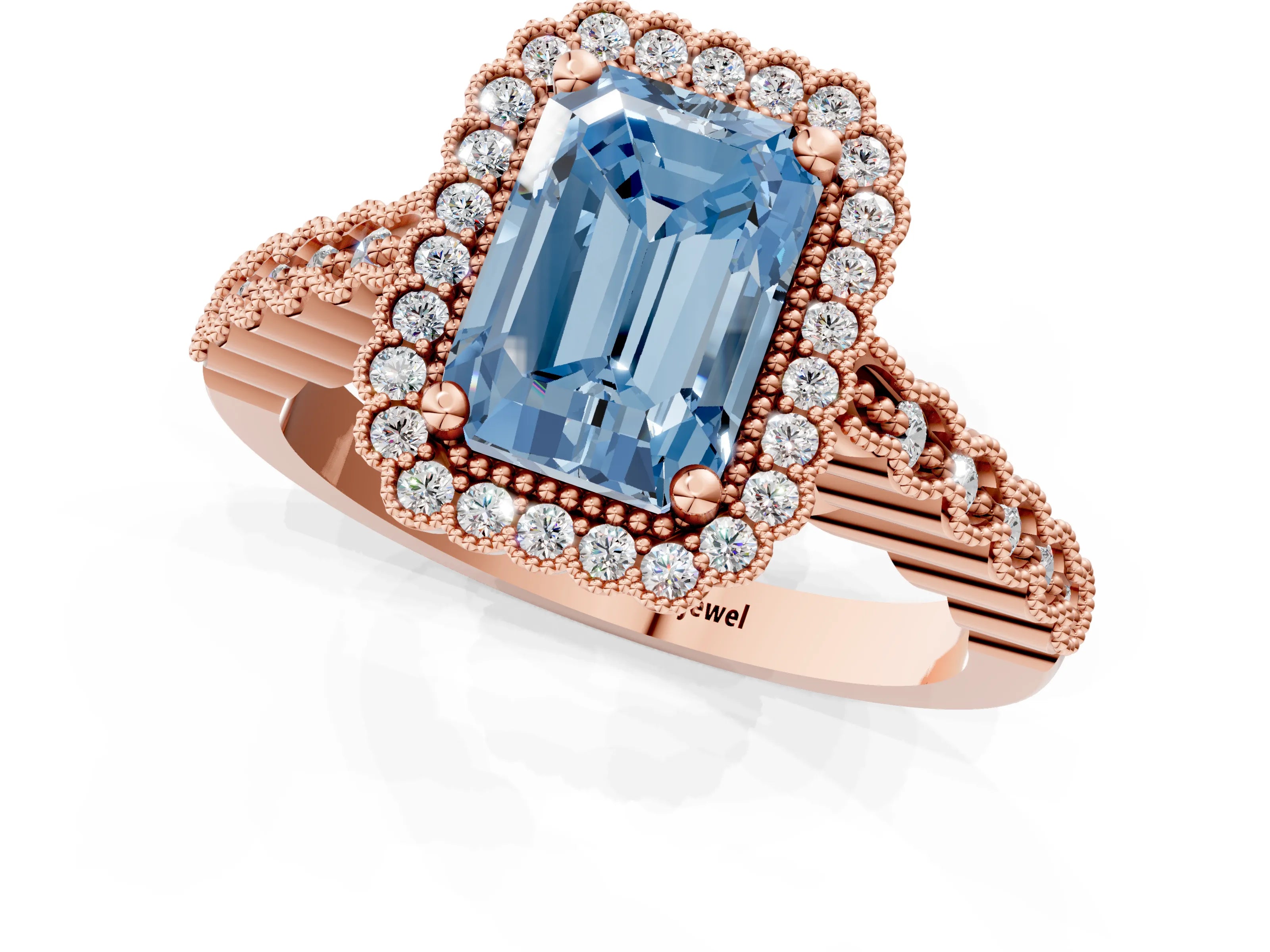 Rose gold Fancy Blue Radiant Cut Cut Halo Pavé Solitaire Ring with Milgrain Band_1