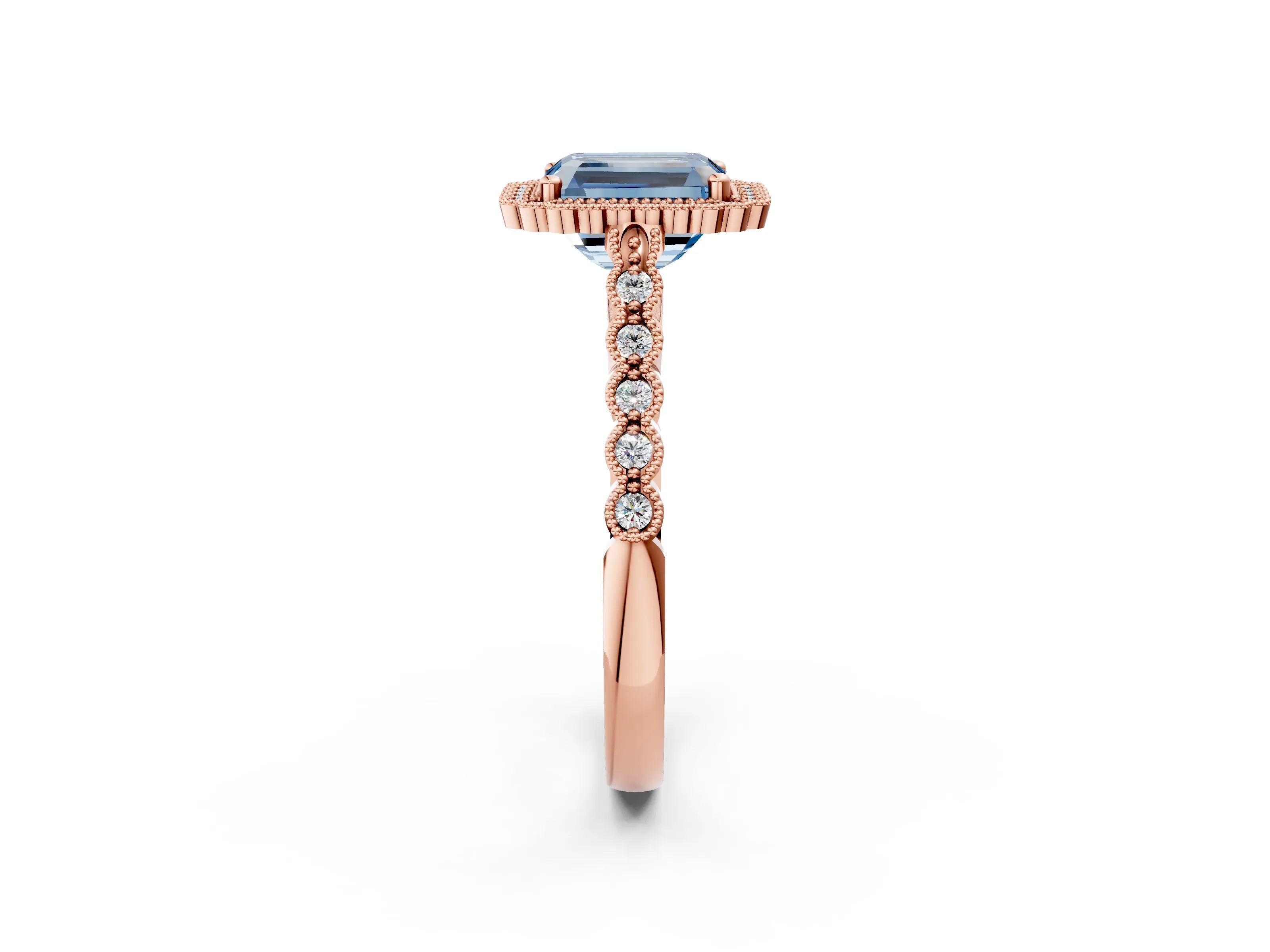 Rose gold Fancy Blue Radiant Cut Cut Halo Pavé Solitaire Ring with Milgrain Band_2