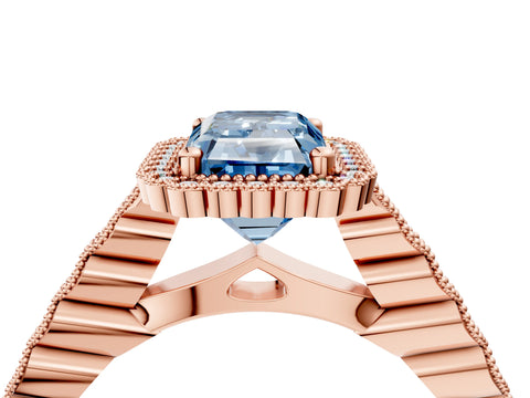 Rose gold Fancy Blue Radiant Cut Cut Halo Pavé Solitaire Ring with Milgrain Band_4