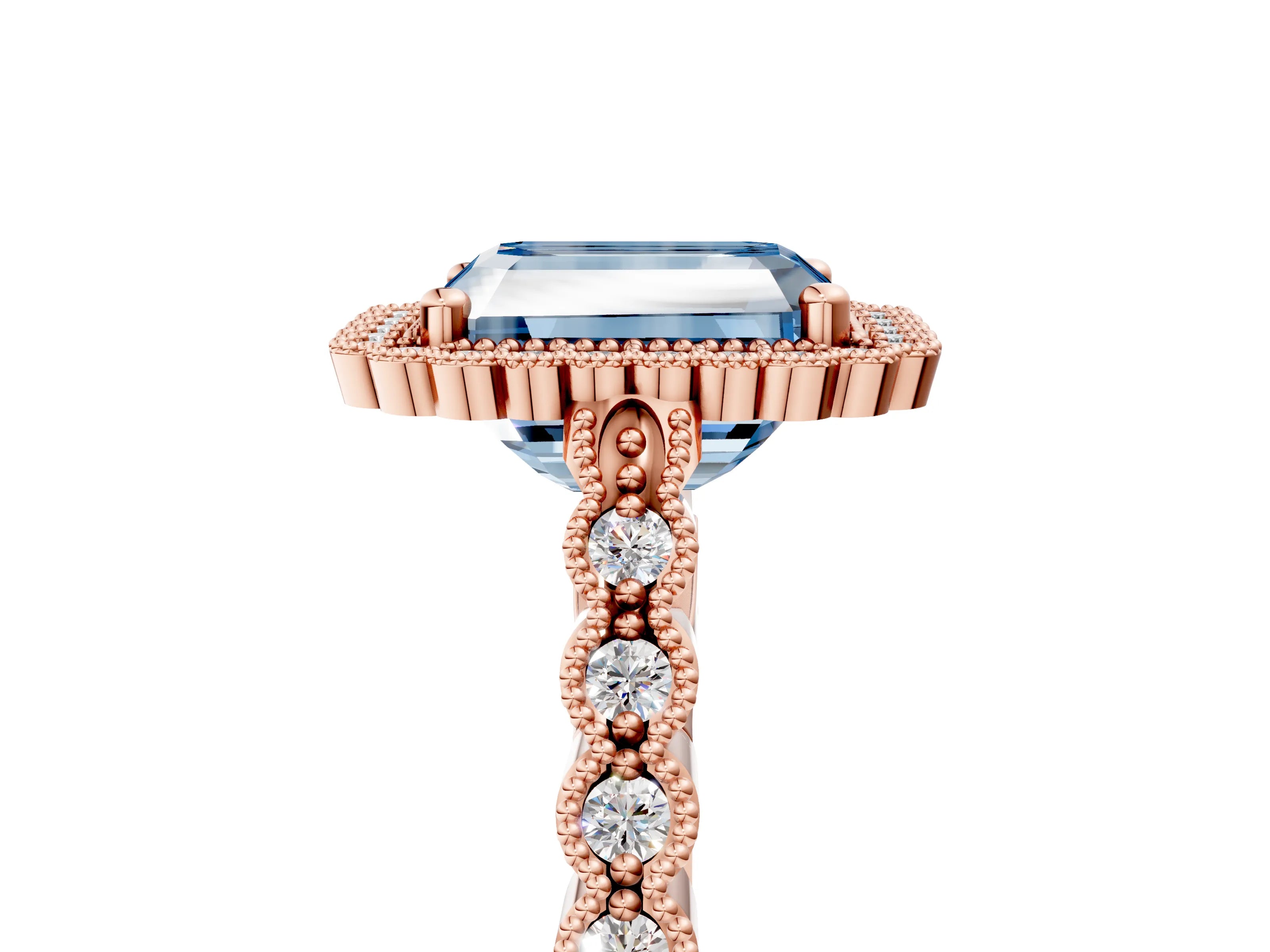 Rose gold Fancy Blue Radiant Cut Cut Halo Pavé Solitaire Ring with Milgrain Band_5