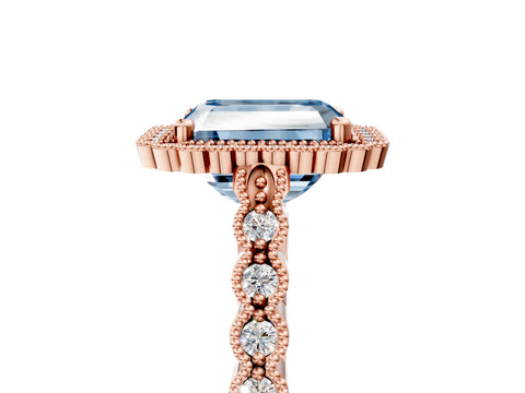 Rose gold Fancy Blue Radiant Cut Cut Halo Pavé Solitaire Ring with Milgrain Band_5