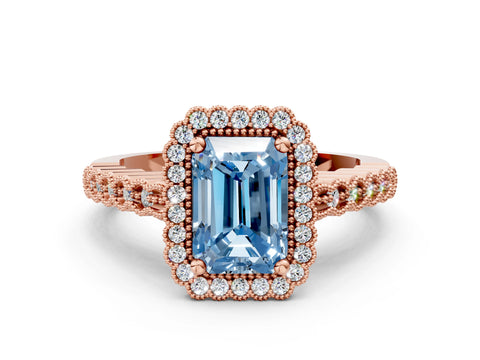 Rose gold Fancy Blue Radiant Cut Cut Halo Pavé Solitaire Ring with Milgrain Band