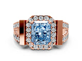 Rose gold Fancy Blue Radiant Cut Cut Halo Split Shank Prong Set Ring