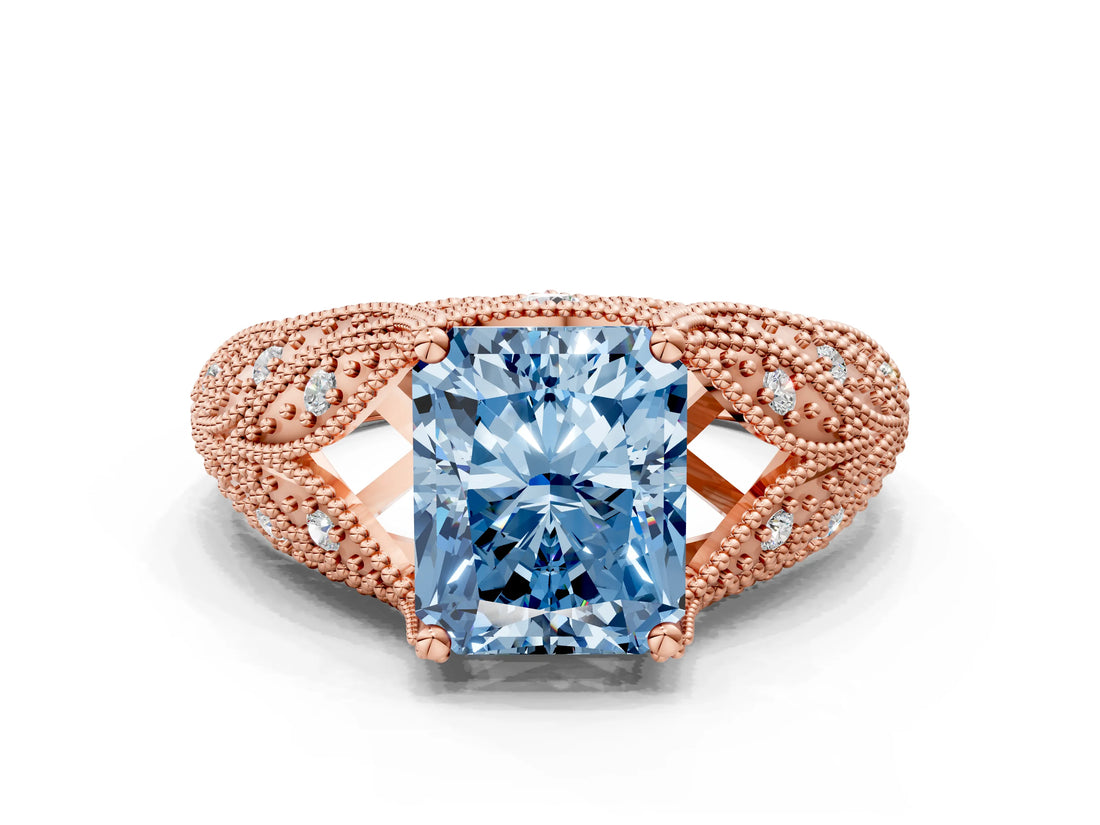 Rose gold Fancy Blue Radiant Cut Cut Milgrain Pave Diamond Engagement Ring with Four-Prong Setting_27