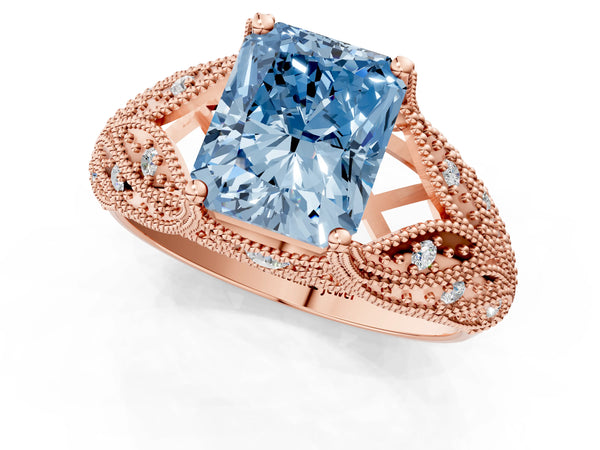 Rose gold Fancy Blue Radiant Cut Cut Milgrain Pave Diamond Engagement Ring with Four-Prong Setting