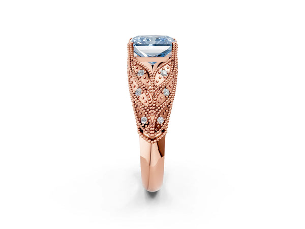 Rose gold Fancy Blue Radiant Cut Cut Milgrain Pave Diamond Engagement Ring with Four-Prong Setting