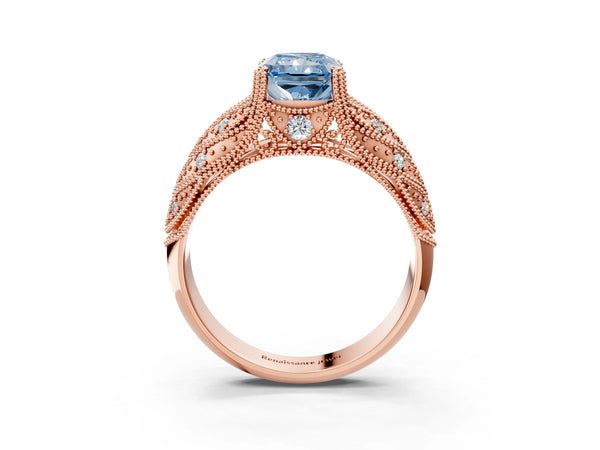 Rose gold Fancy Blue Radiant Cut Cut Milgrain Pave Diamond Engagement Ring with Four-Prong Setting