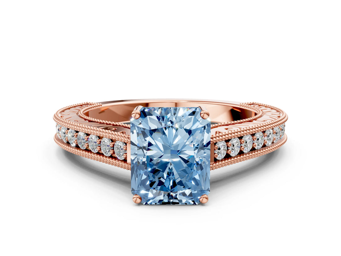 Rose gold Fancy Blue Radiant Cut Cut Pave Band Milgrain Solitaire Ring_11