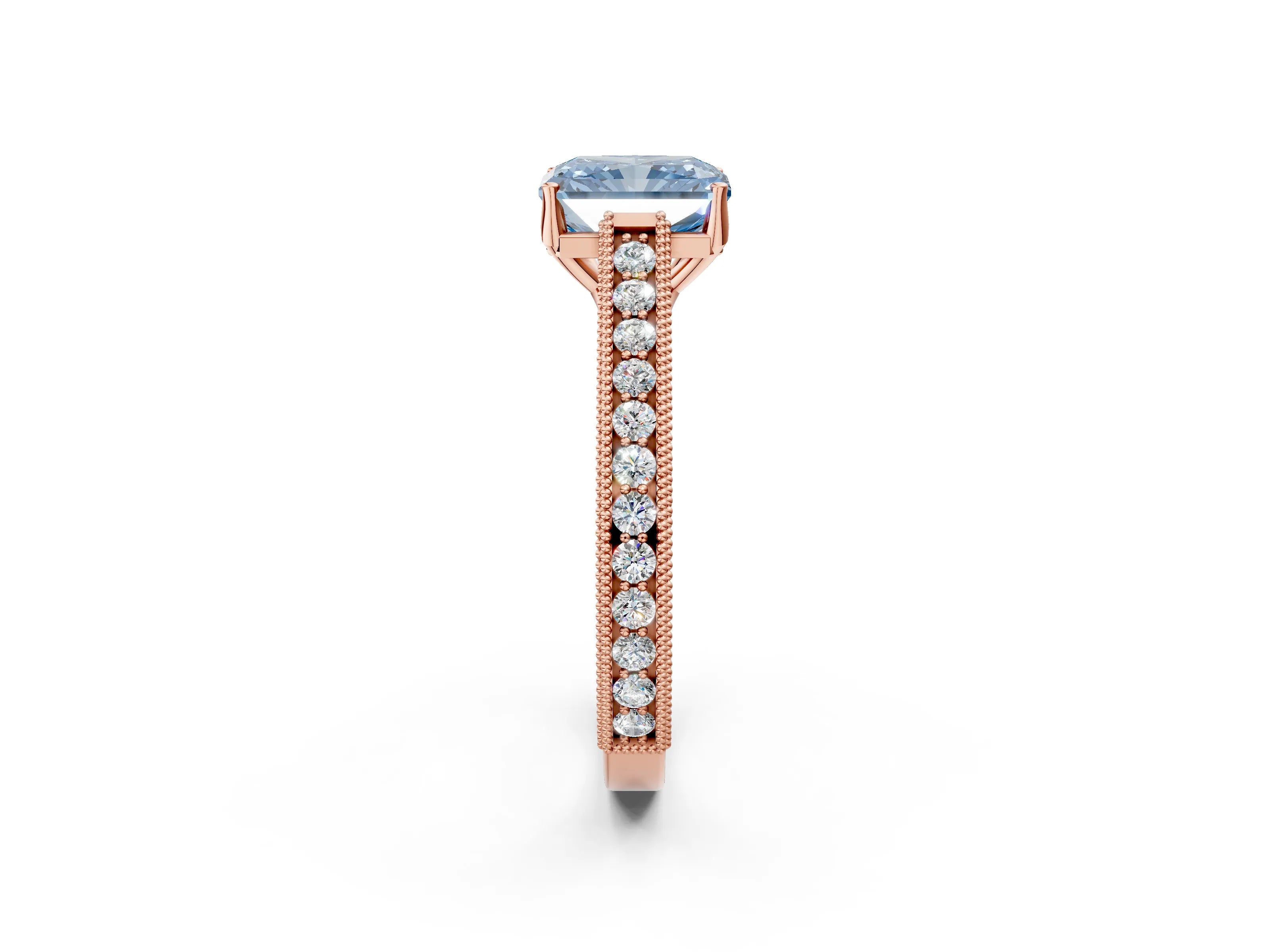 Rose gold Fancy Blue Radiant Cut Cut Pave Band Milgrain Solitaire Ring_13