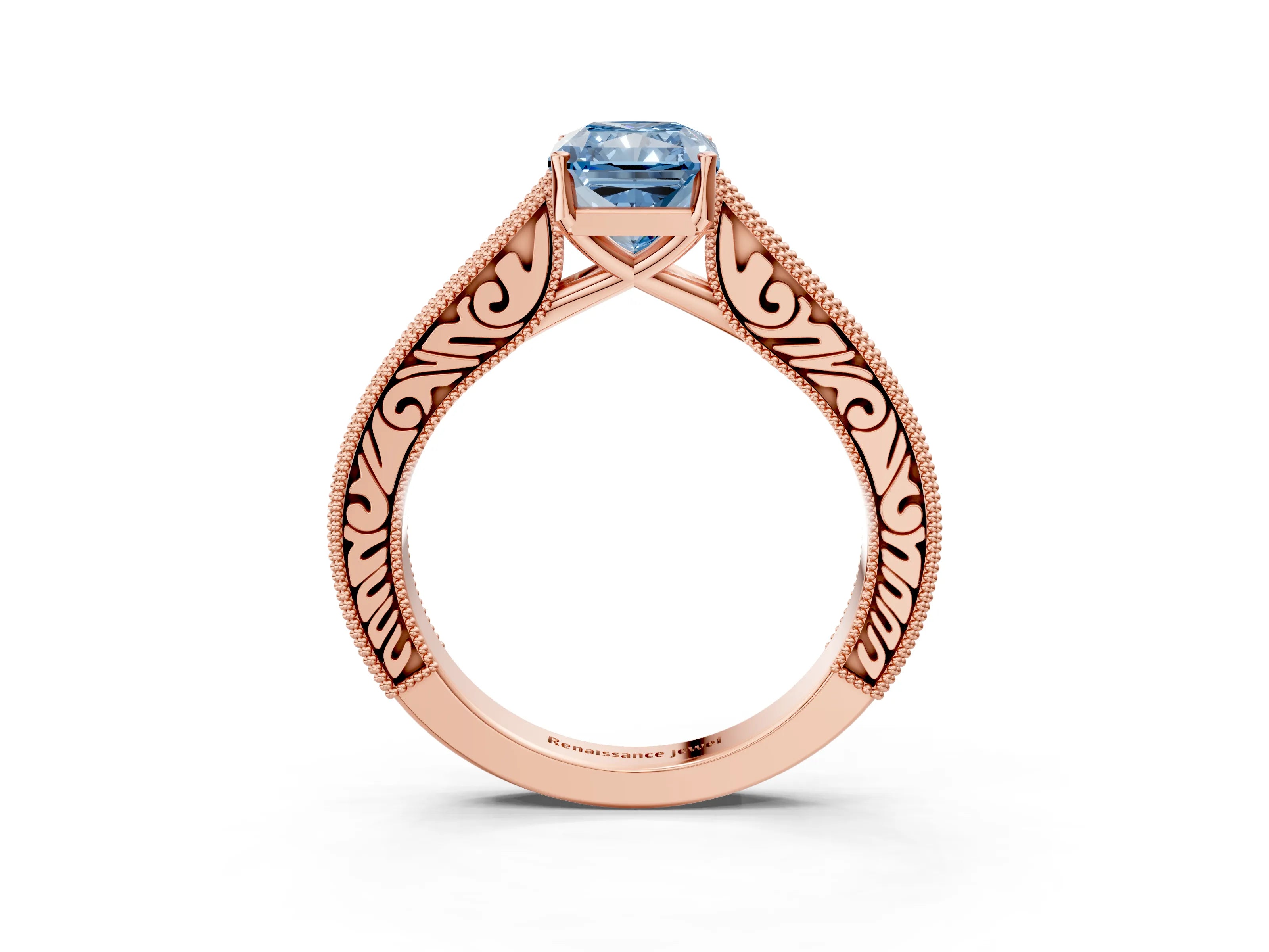 Rose gold Fancy Blue Radiant Cut Cut Pave Band Milgrain Solitaire Ring_26