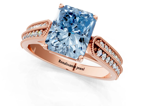 10K Rose Gold 2.43 Carat Blue SI1 Radiant Cut Pave Split Shank Engagement Ring with Four-Prong Setting