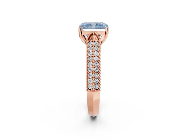 10K Rose Gold 2.43 Carat Blue SI1 Radiant Cut Pave Split Shank Engagement Ring with Four-Prong Setting