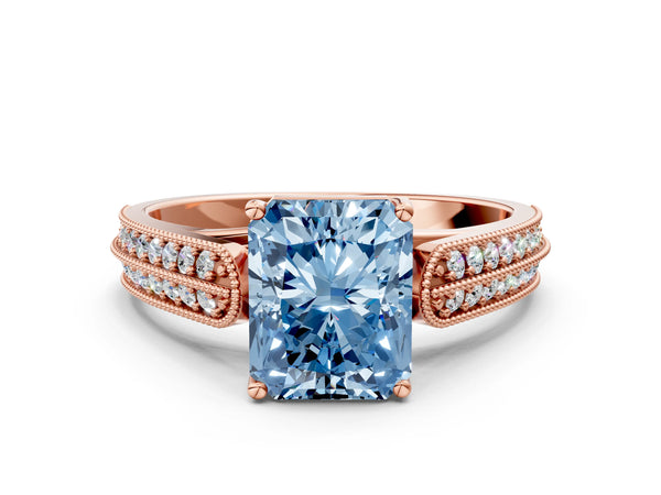 10K Rose Gold 2.43 Carat Blue SI1 Radiant Cut Pave Split Shank Engagement Ring with Four-Prong Setting