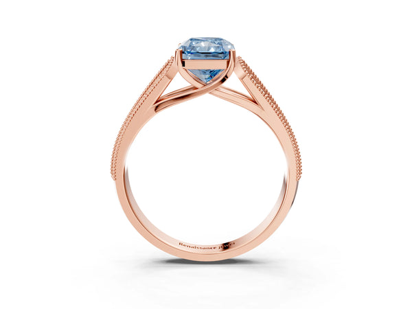 10K Rose Gold 2.43 Carat Blue SI1 Radiant Cut Pave Split Shank Engagement Ring with Four-Prong Setting