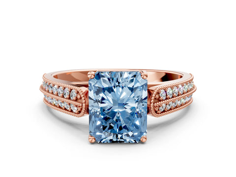 Rose gold Fancy Blue Radiant Cut Cut Pave Split Shank Engagement Ring with Four-Prong Setting