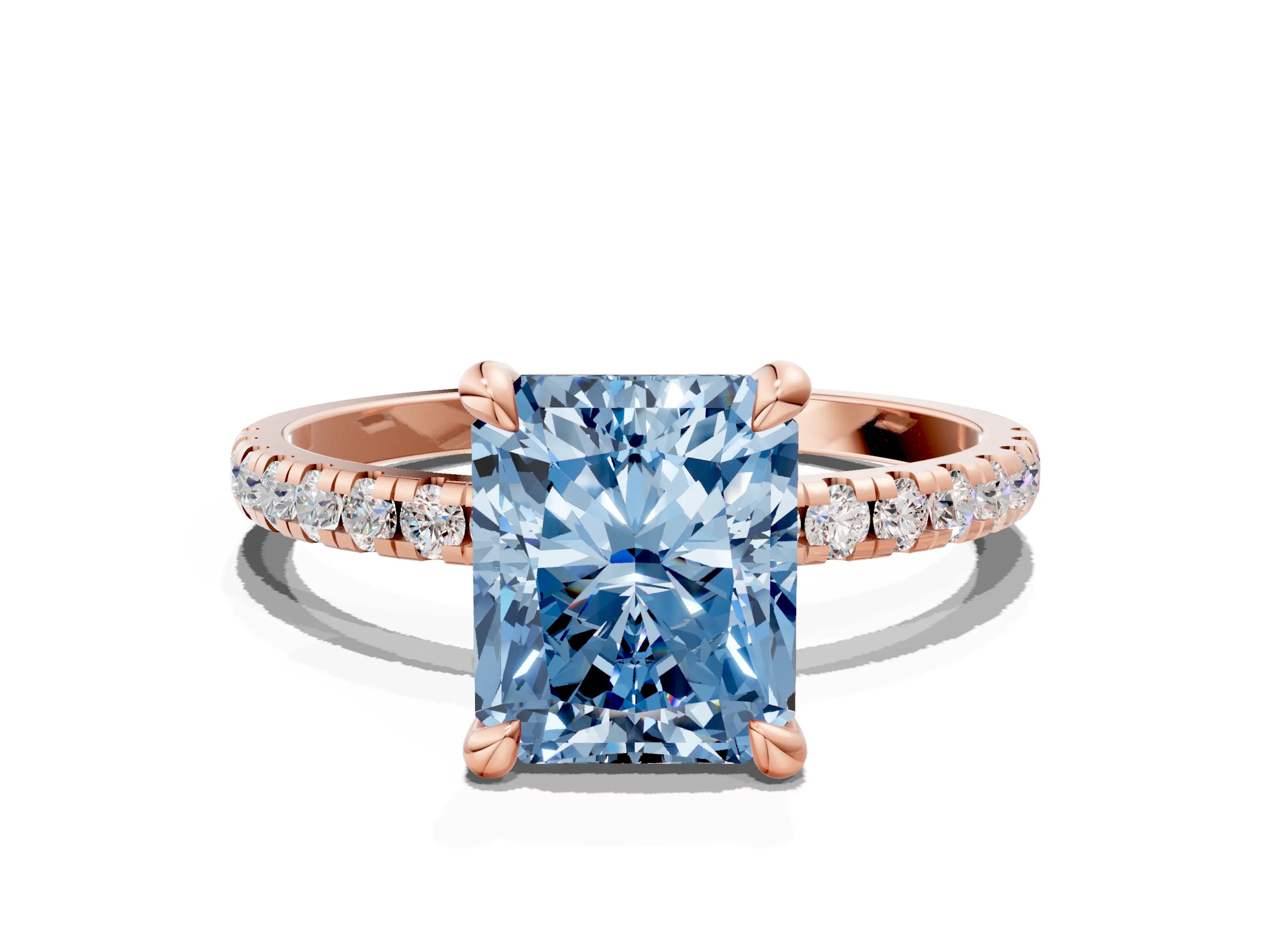 Rose gold Fancy Blue Radiant Cut Diamond Brilliant Solitaire Ring with Pavé Band and Four-Prong Setting