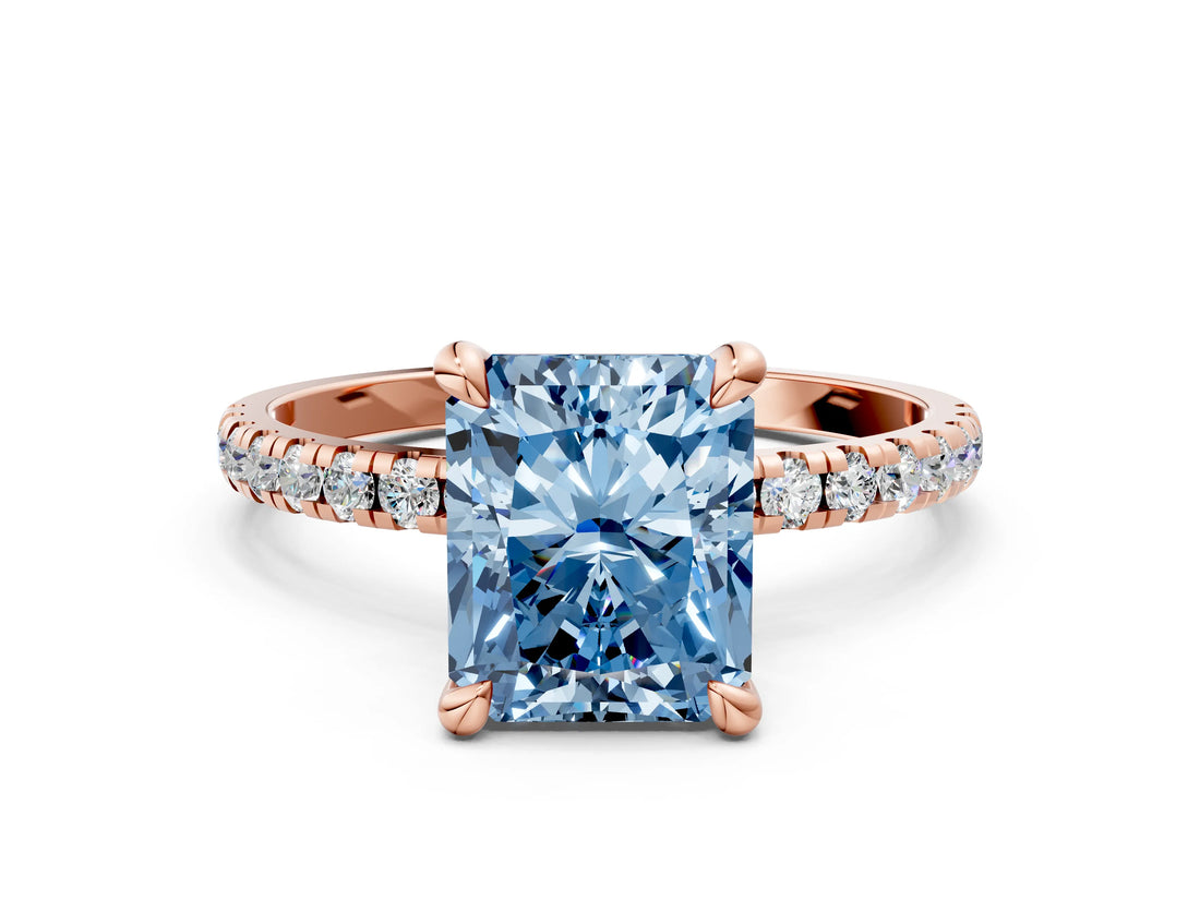Rose gold Fancy Blue Radiant Cut Diamond Brilliant Solitaire Ring with Pavé Band and Four-Prong Setting_12