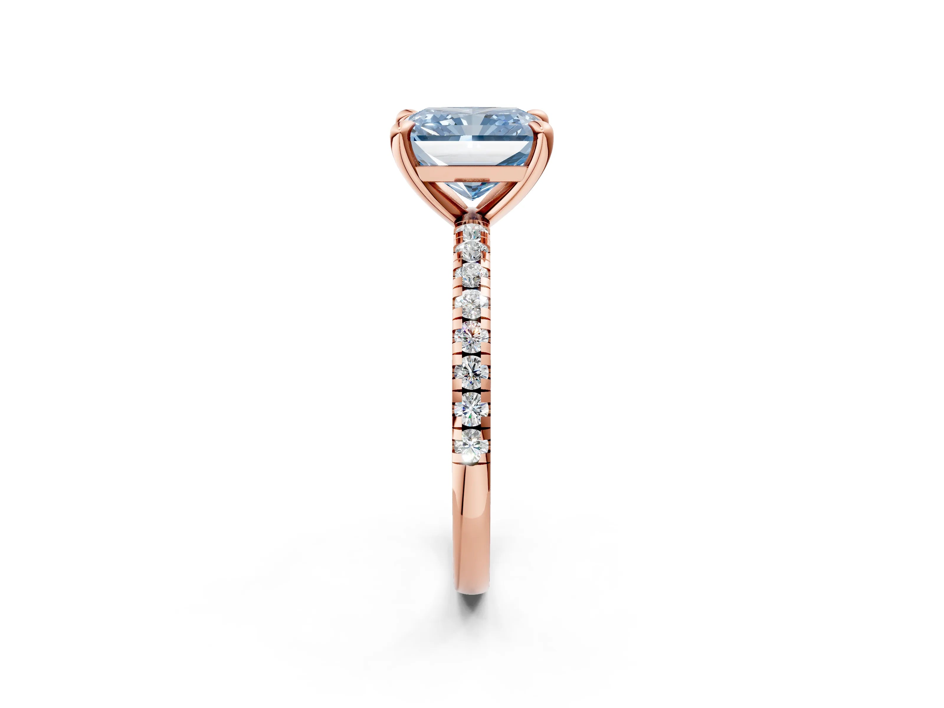 Rose gold Fancy Blue Radiant Cut Diamond Brilliant Solitaire Ring with Pavé Band and Four-Prong Setting_2