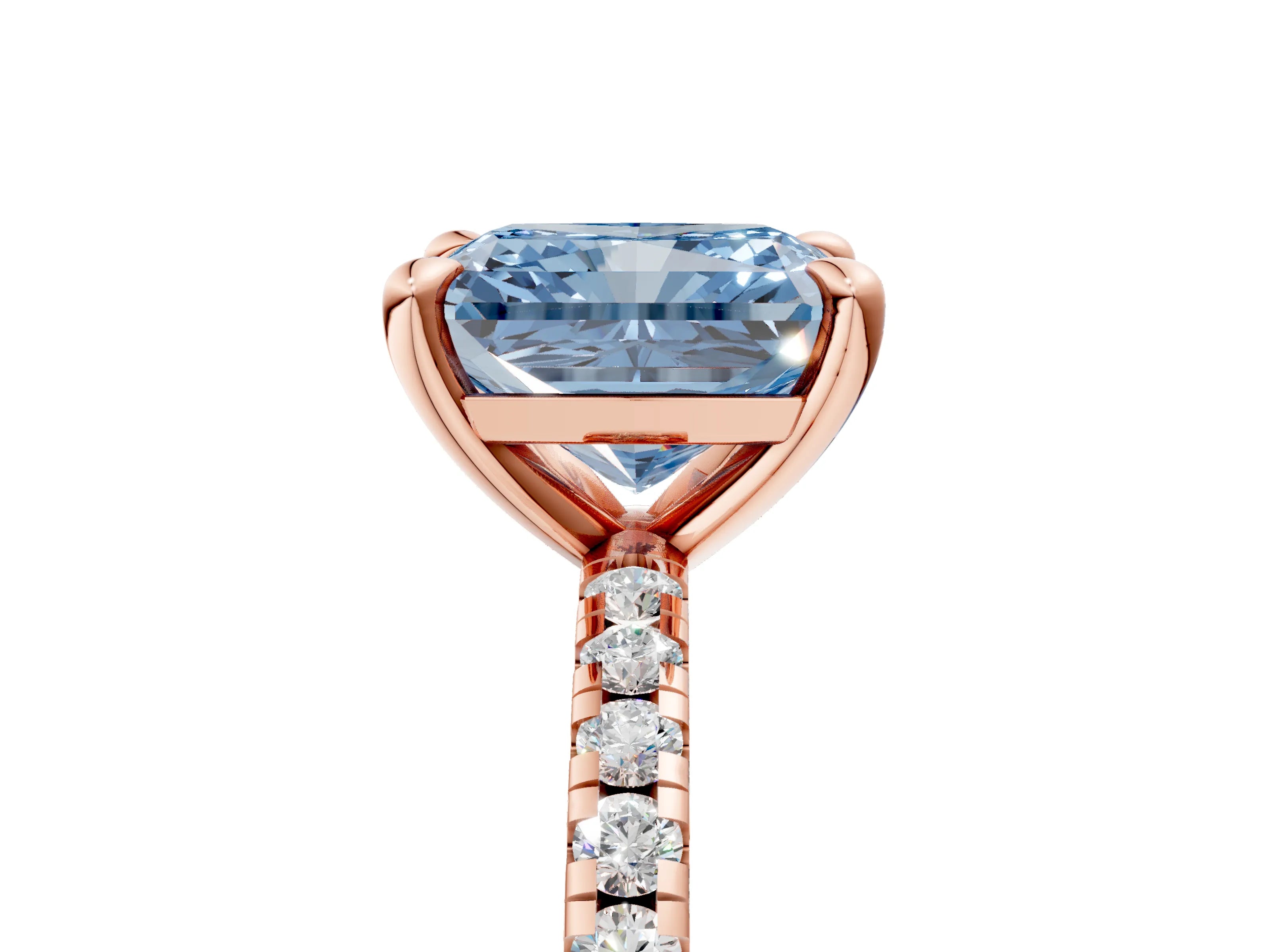 Rose gold Fancy Blue Radiant Cut Diamond Brilliant Solitaire Ring with Pavé Band and Four-Prong Setting_5