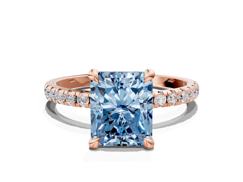 Rose gold Fancy Blue Radiant Cut Diamond Brilliant Solitaire Ring with Pavé Band and Four-Prong Setting