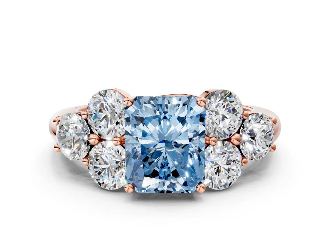 Rose gold Fancy Blue Radiant  Cut Diamond Cluster Ring with Round Accent Stones and Prong Setting on a Classic Band_49