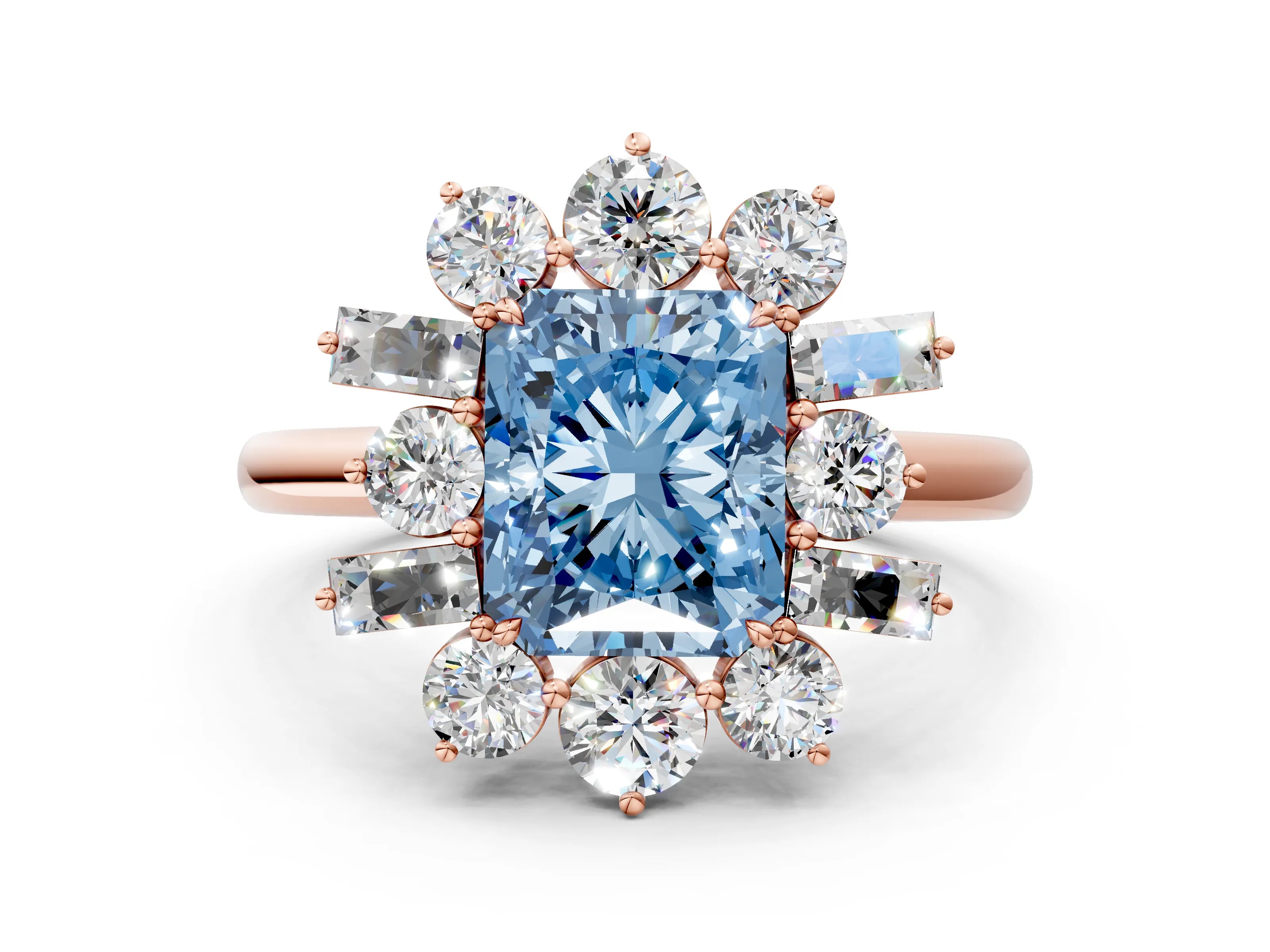 Rose gold Fancy Blue Radiant Cut Diamond Cluster Ring with Round and Baguette Stones, Split Shank Band, Prong Setting