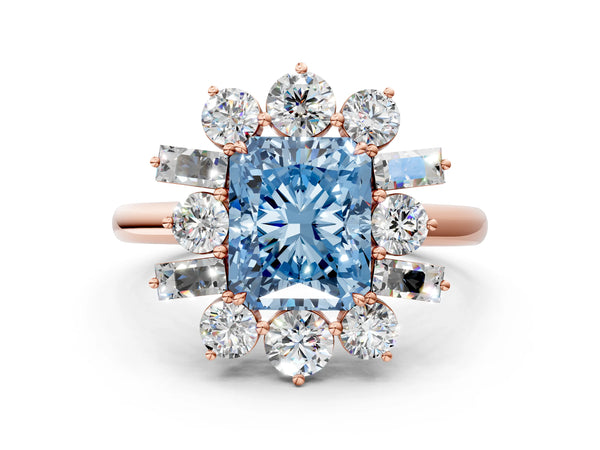 Rose gold Fancy Blue Radiant Cut Diamond Cluster Ring with Round and Baguette Stones, Split Shank Band, Prong Setting