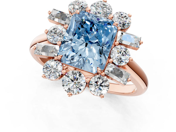 Rose gold Fancy Blue Radiant Cut Diamond Cluster Ring with Round and Baguette Stones, Split Shank Band, Prong Setting