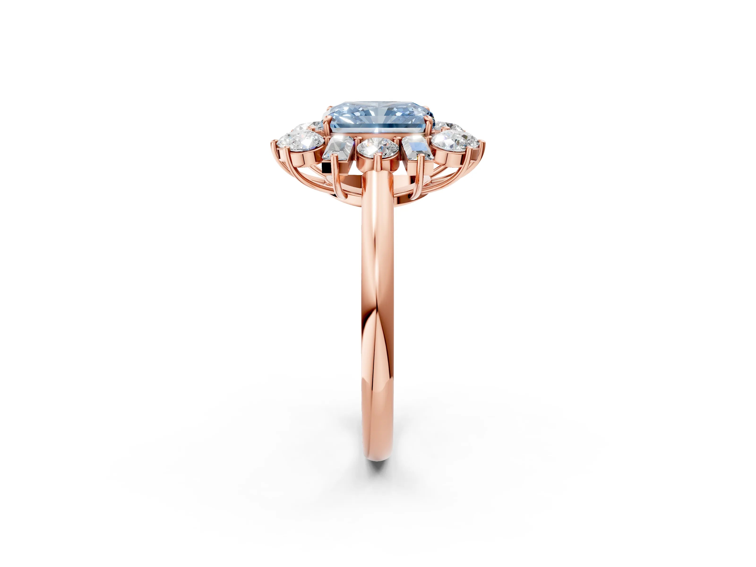 Rose gold Fancy Blue Radiant Cut Diamond Cluster Ring with Round and Baguette Stones, Split Shank Band, Prong Setting_2