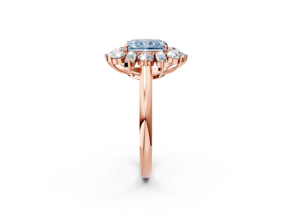 Rose gold Fancy Blue Radiant Cut Diamond Cluster Ring with Round and Baguette Stones, Split Shank Band, Prong Setting