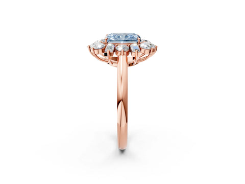 Rose gold Fancy Blue Radiant Cut Diamond Cluster Ring with Round and Baguette Stones, Split Shank Band, Prong Setting_2