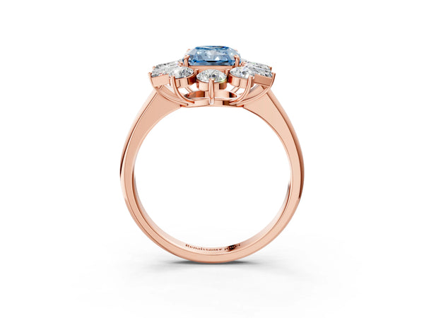 Rose gold Fancy Blue Radiant Cut Diamond Cluster Ring with Round and Baguette Stones, Split Shank Band, Prong Setting