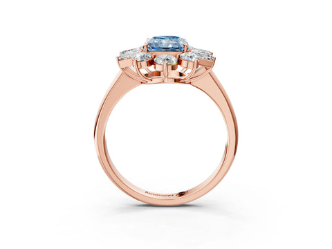 Rose gold Fancy Blue Radiant Cut Diamond Cluster Ring with Round and Baguette Stones, Split Shank Band, Prong Setting_3