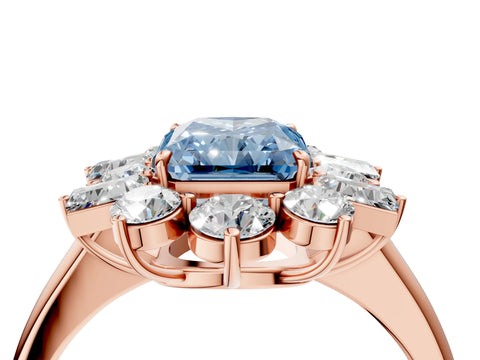 Rose gold Fancy Blue Radiant Cut Diamond Cluster Ring with Round and Baguette Stones, Split Shank Band, Prong Setting_4