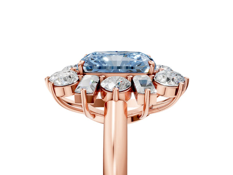 Rose gold Fancy Blue Radiant Cut Diamond Cluster Ring with Round and Baguette Stones, Split Shank Band, Prong Setting_5