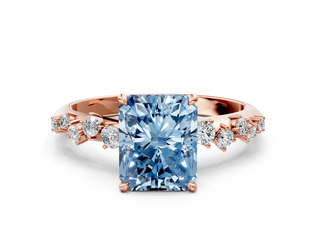 Rose gold Fancy Blue Radiant Cut Diamond Cluster Side Stone Solitaire Ring with Prong Setting_73