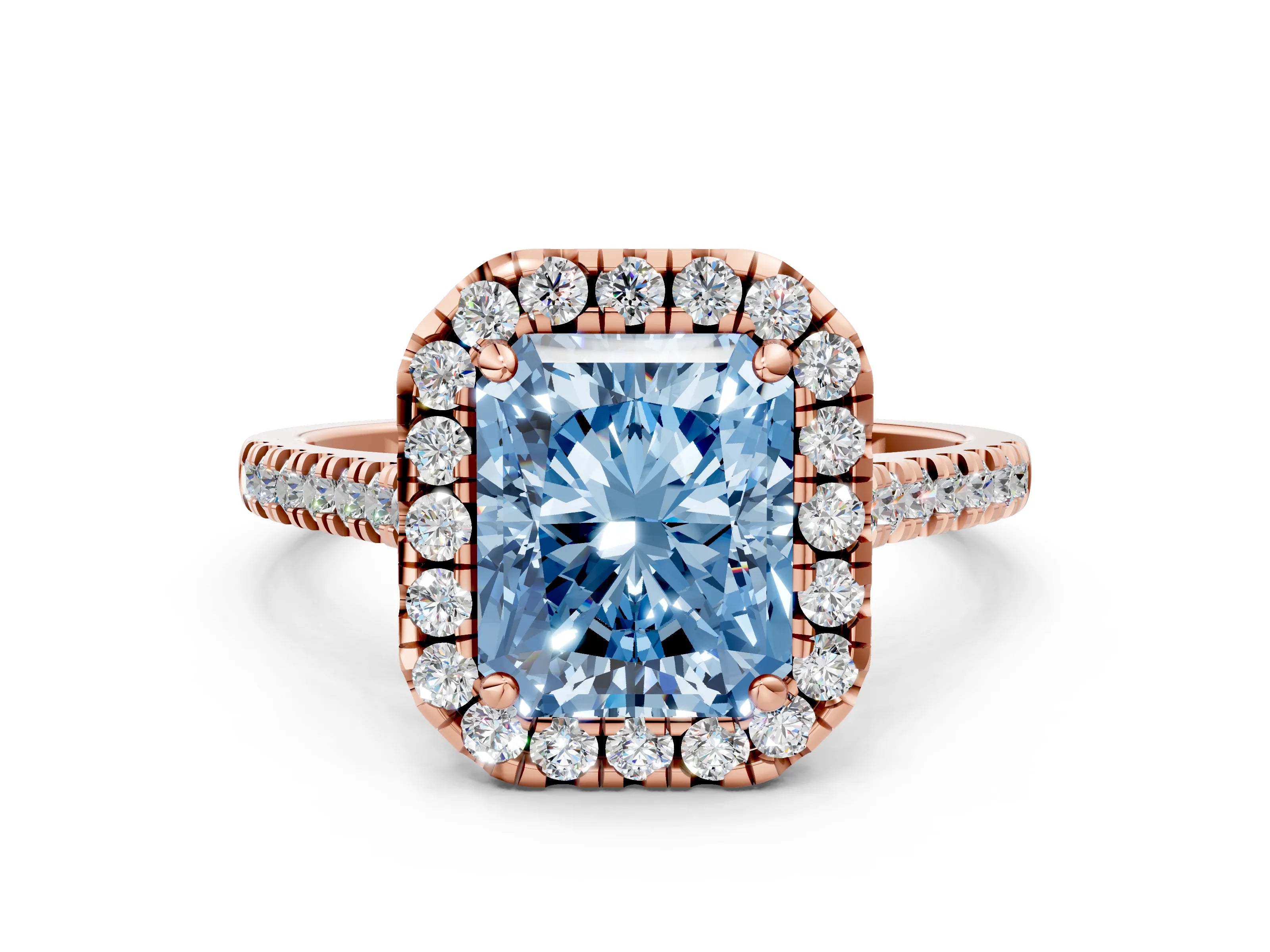 Rose gold Fancy Blue Radiant Cut Diamond Cushion Halo Ring with Pavé Band