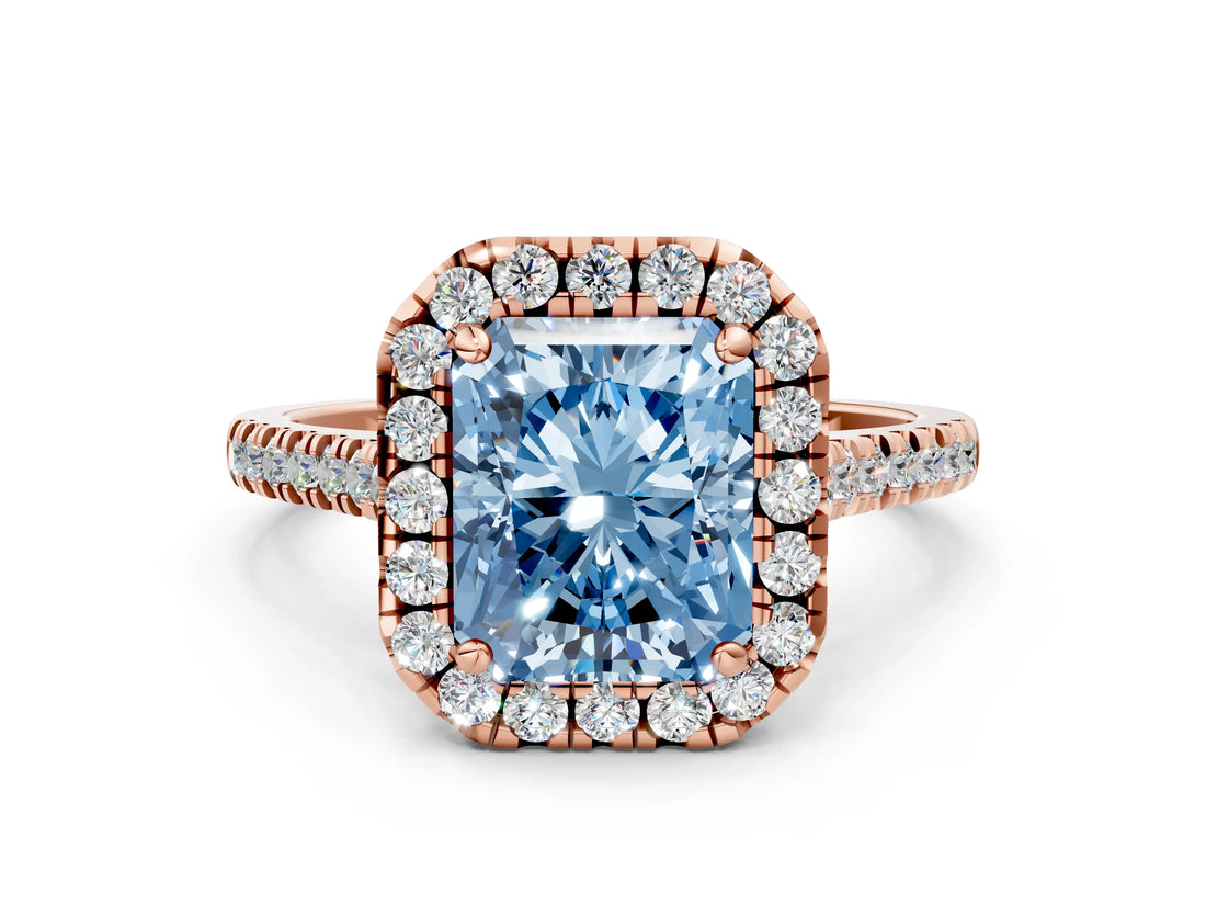 Rose gold Fancy Blue Radiant Cut Diamond Cushion Halo Ring with Pavé Band