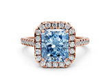 Rose gold Fancy Blue Radiant Cut Diamond Cushion Halo Ring with Pavé Band