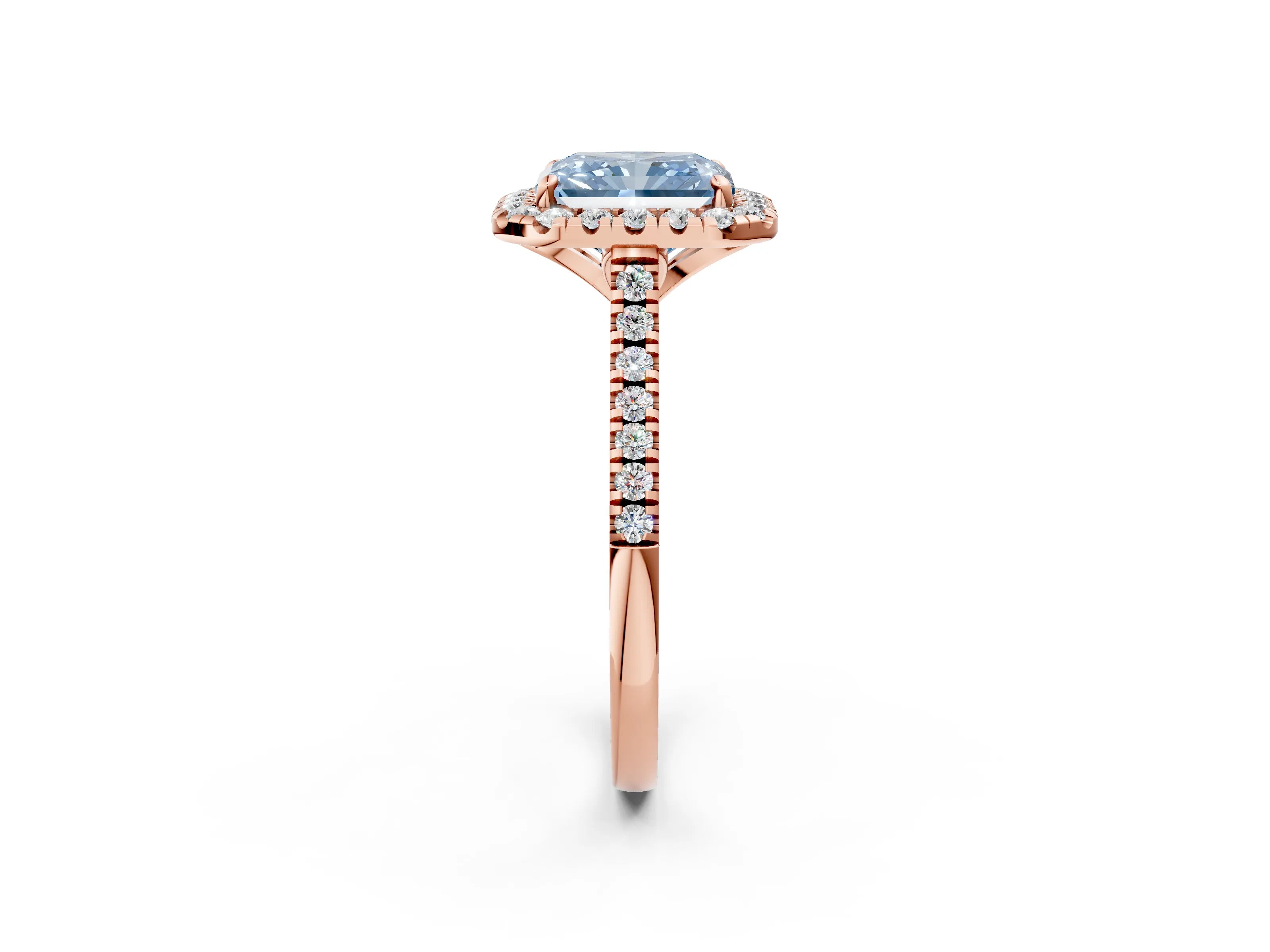 Rose gold Fancy Blue Radiant Cut Diamond Cushion Halo Ring with Pavé Band_2