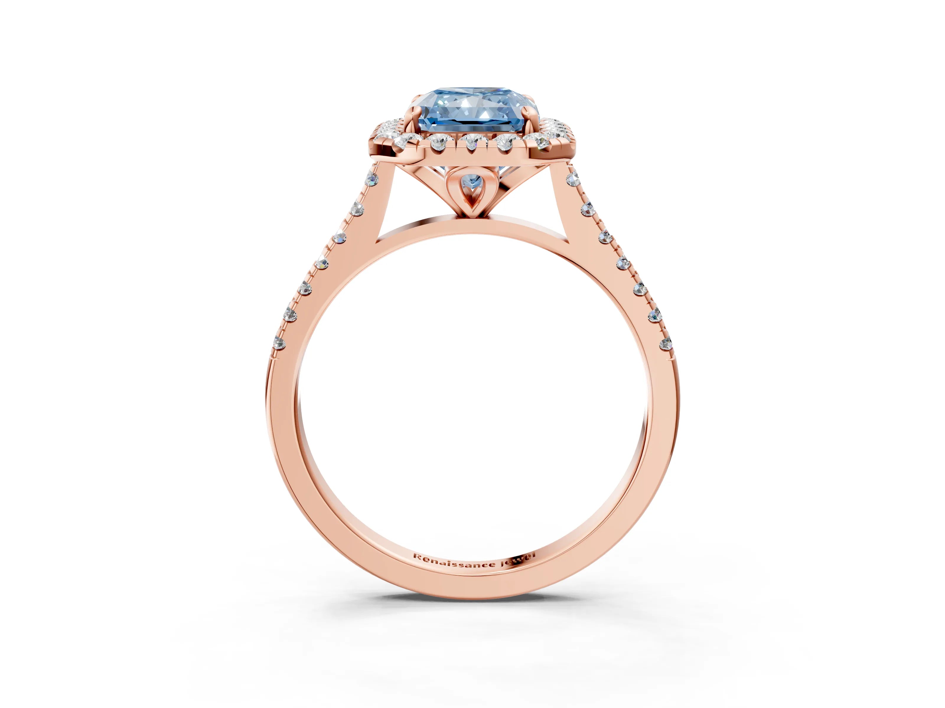 Rose gold Fancy Blue Radiant Cut Diamond Cushion Halo Ring with Pavé Band_3
