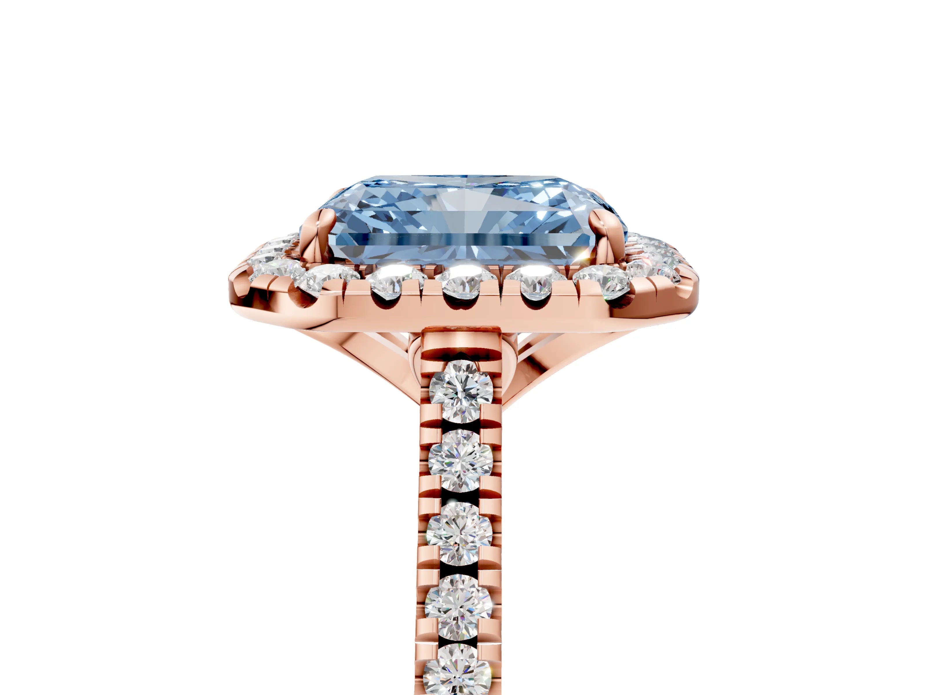 Rose gold Fancy Blue Radiant Cut Diamond Cushion Halo Ring with Pavé Band_5